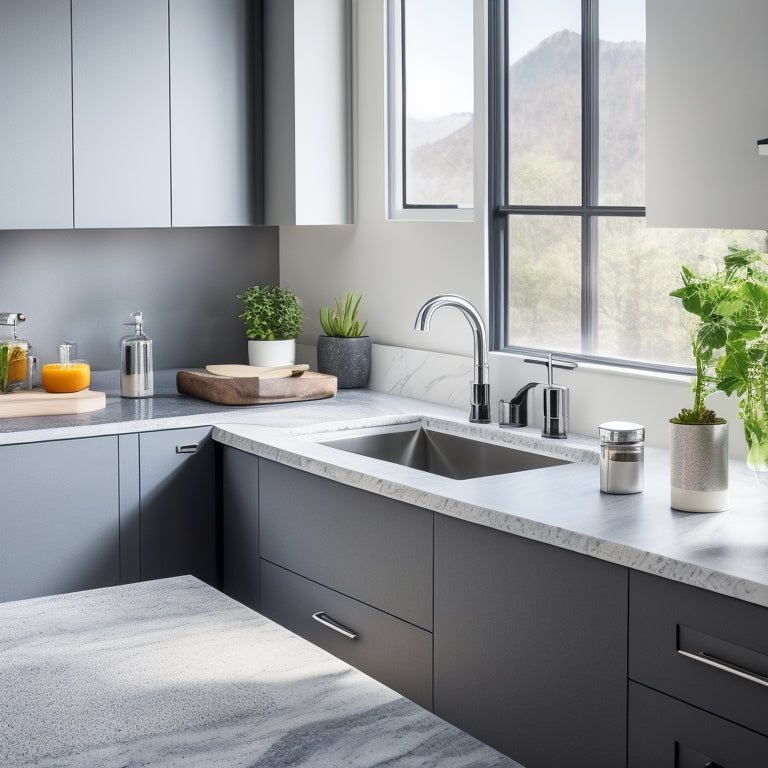 A modern kitchen sink area with a sleek, wall-mounted faucet, a pull-out trash can, a built-in soap dispenser, and a sliding cutting board, surrounded by sleek gray quartz countertops.