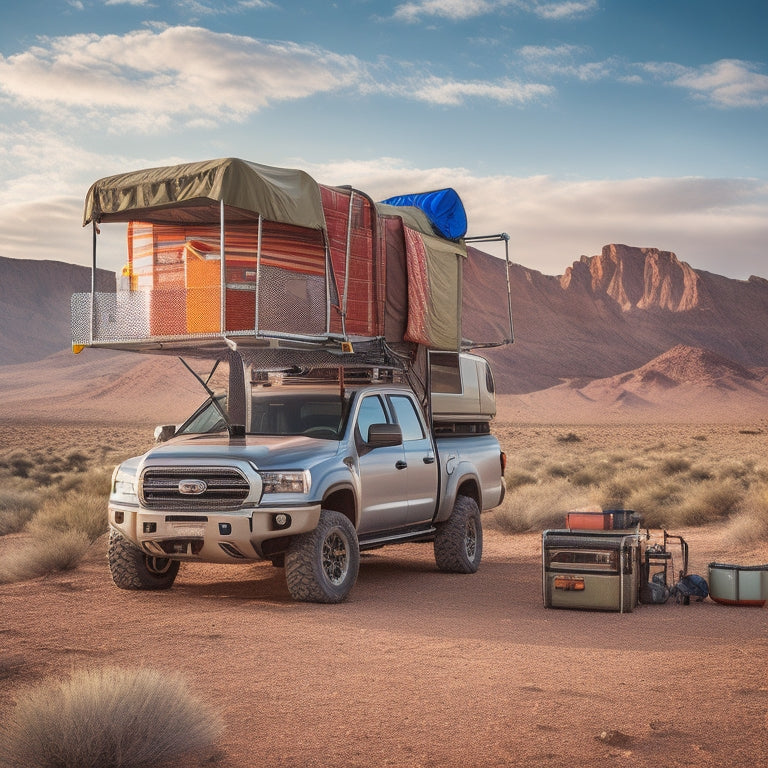 A rugged, lifted 4x4 truck parked in a scenic desert landscape, with a roof-top tent, ladder, and storage racks overflowing with outdoor gear, coolers, and camping equipment.