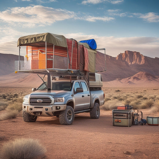 A rugged, lifted 4x4 truck parked in a scenic desert landscape, with a roof-top tent, ladder, and storage racks overflowing with outdoor gear, coolers, and camping equipment.