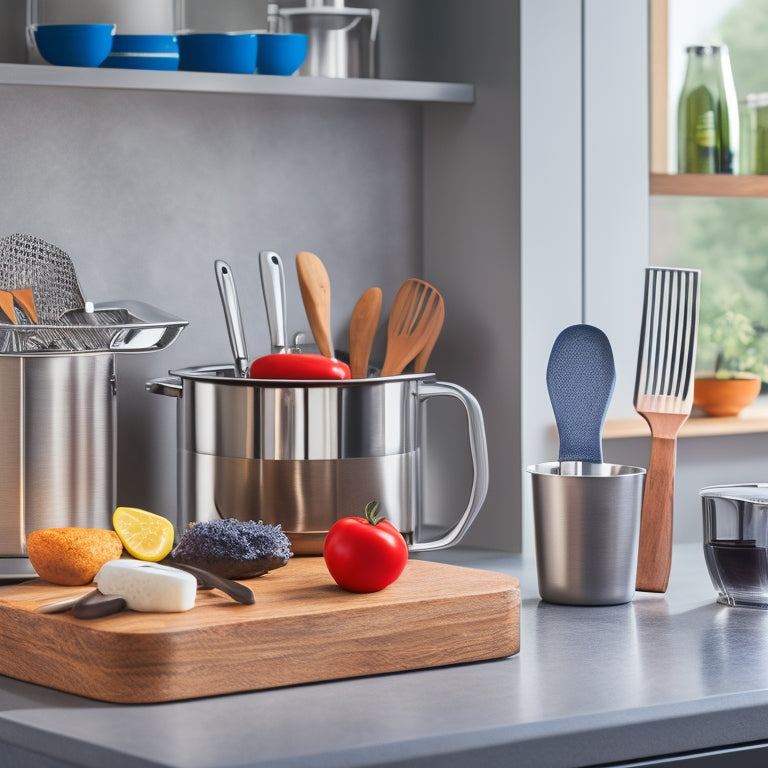 A tidy kitchen countertop with a stainless steel utensil organizer, holding a silicone spatula, wooden spoons, and a digital thermometer, surrounded by a few sleek, modern kitchen appliances.