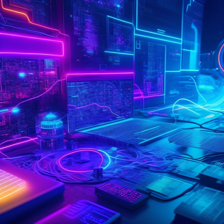 A vibrant, futuristic background with glowing neon circuits and wires, surrounded by floating laptops, tablets, and smartphones, with colorful, swirling shapes representing knowledge and skills.