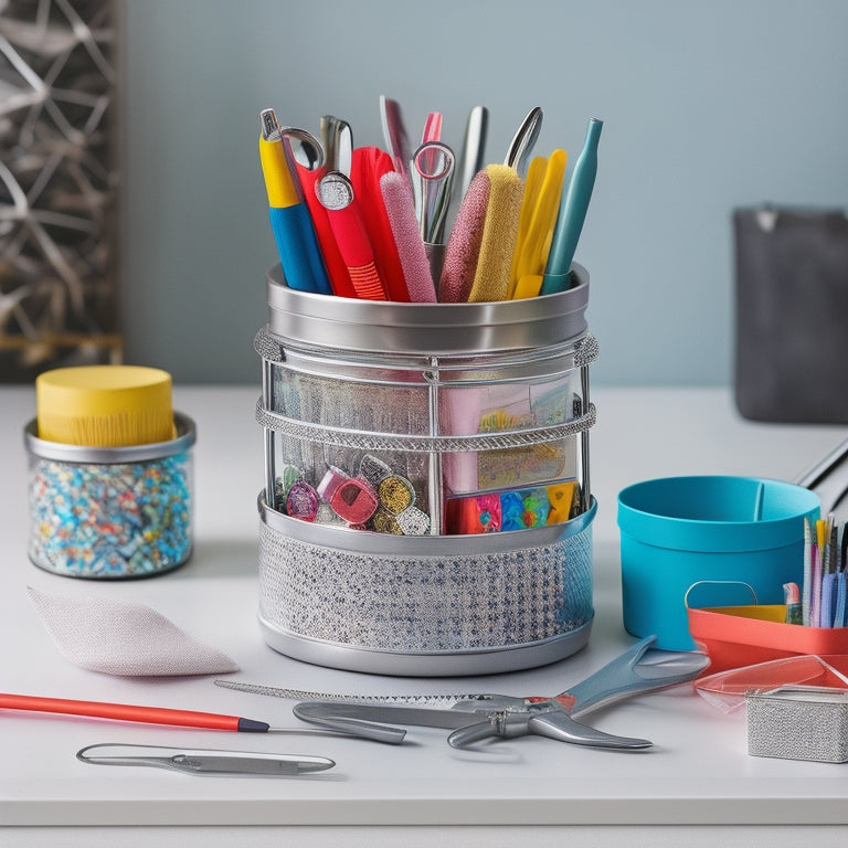 A colorful, clutter-free workspace with a sleek, silver Miracle Caddy Organizer centered, filled with neatly arranged craft supplies, surrounded by scissors, pens, and paper scraps.