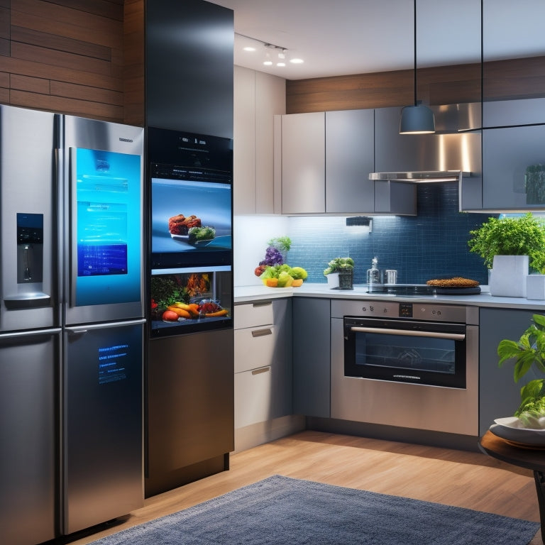 A modern kitchen with a large touchscreen display on the wall, a robotic arm assisting with meal prep, and a smart refrigerator with glowing digital screens in the background.