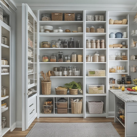 A bright, modern kitchen with a floor-to-ceiling pantry featuring adjustable shelves, baskets, and a pull-out drawer system, with a few jars and containers neatly arranged on the shelves.