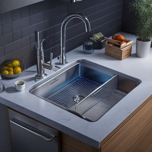 A modern kitchen sink with a sleek, LED-lit storage drawer underneath, featuring a sliding cutting board, utensil organizers, and a touchless soap dispenser, surrounded by gleaming countertops and stainless steel appliances.