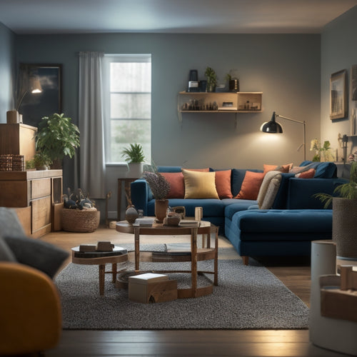 A tidy, well-lit, modern living room with a few strategically placed Amazon boxes, a hammer, a level, and a few DIY tools, surrounded by subtle hints of home renovation.