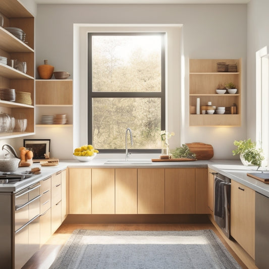 A minimalist kitchen with sleek, handle-less cabinets, a clutter-free island, and a few, strategically-placed cookbooks on a floating shelf, bathed in warm, natural light pouring in through a large window.