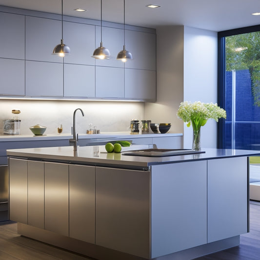 A sleek, modern kitchen with a custom stainless steel sink cabinet as the centerpiece, surrounded by polished chrome fixtures, high-gloss countertops, and ambient LED lighting.