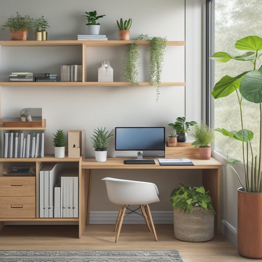 A serene, minimalist home office with a sleek, wooden desk, surrounded by neatly labeled storage bins, a tidy bookshelf, and a few, carefully placed potted plants.