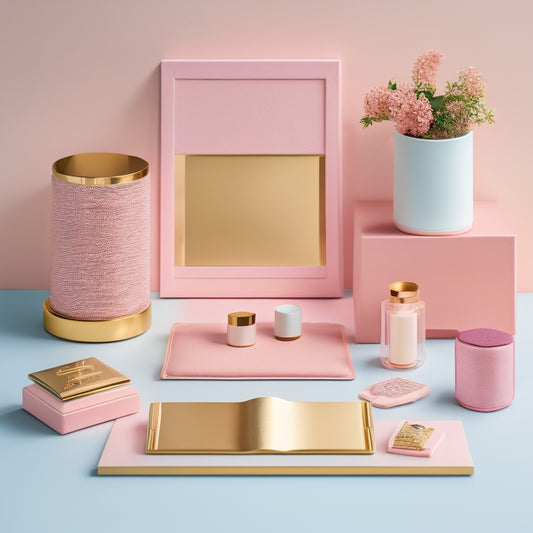 A minimalist, cream-colored desk with a sleek, rose-gold metal patch organizer, adorned with neatly arranged, colorful fabric patches, against a soft, blush-pink background with subtle, golden accents.