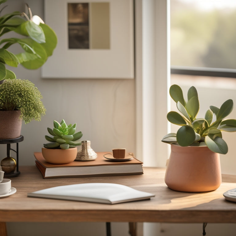 A serene, minimalist room with a few, carefully curated possessions, warm natural light, and a calm color palette, featuring a tidy desk with a single, leather-bound journal and a delicate, potted succulent.