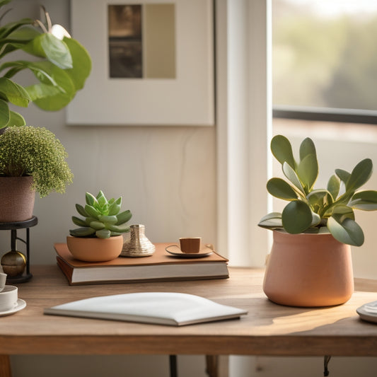 A serene, minimalist room with a few, carefully curated possessions, warm natural light, and a calm color palette, featuring a tidy desk with a single, leather-bound journal and a delicate, potted succulent.