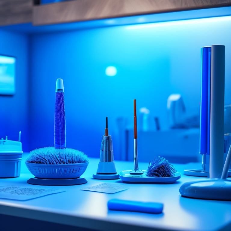 A futuristic, sleek toilet brush with glowing blue accents and ergonomic handle, surrounded by scattered blueprints, gears, and innovative prototypes on a cluttered, modern workbench.