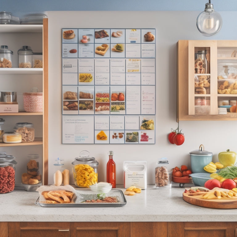 A colorful and organized kitchen scene with a large calendar on the wall, a meal prep counter with labeled containers, a fridge with categorized stickers, and a few healthy snacks on the countertop.