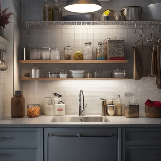 A clutter-free under-kitchen-sink area with a slide-out drawer, stainless steel basket, and a vertical pegboard with hooks, all illuminated by a soft, warm LED light.