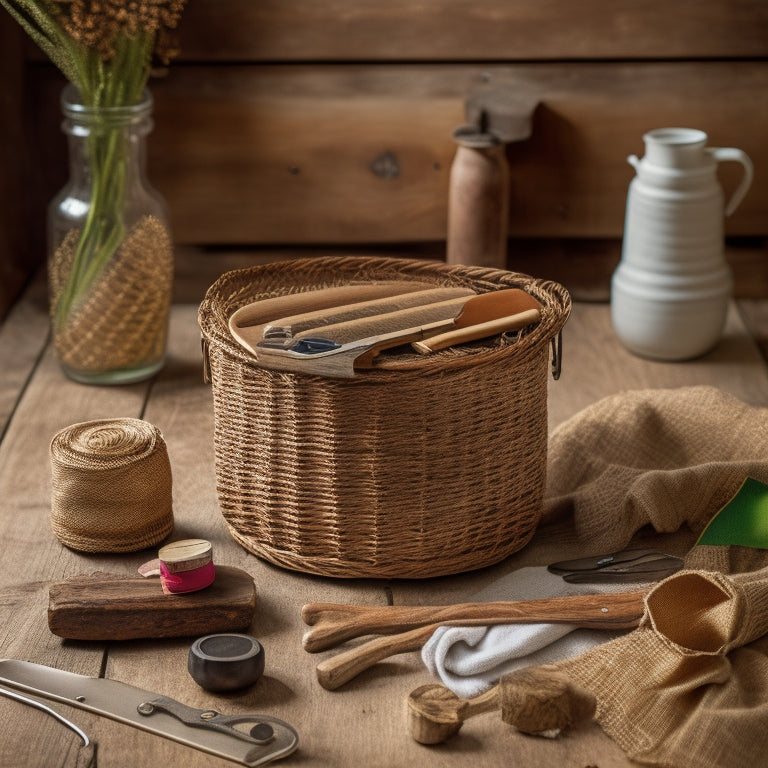 A beautifully styled still life featuring a wicker basket with a removable lid, surrounded by crafting tools like scissors, glue, and ribbons, on a rustic wooden table or vintage linen background.