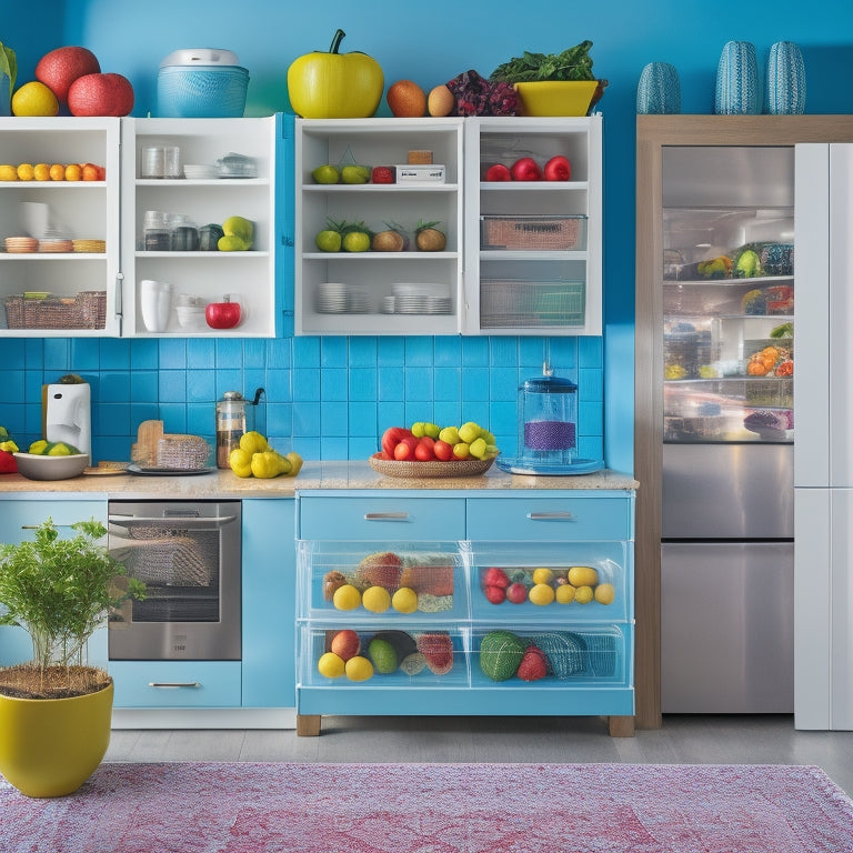 A bright, modern kitchen with a fridge featuring adjustable shelves, baskets, and a turntable; colorful fruits and vegetables arranged in neat compartments, and a few carefully placed labels.