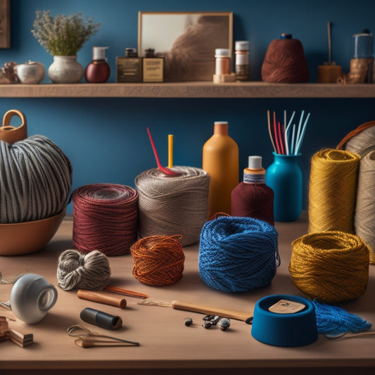 A visually appealing, clutter-free workspace with 5-7 fiber craft kits neatly arranged, showcasing various yarns, threads, and needles, surrounded by a few finished projects and a cup of steaming coffee.