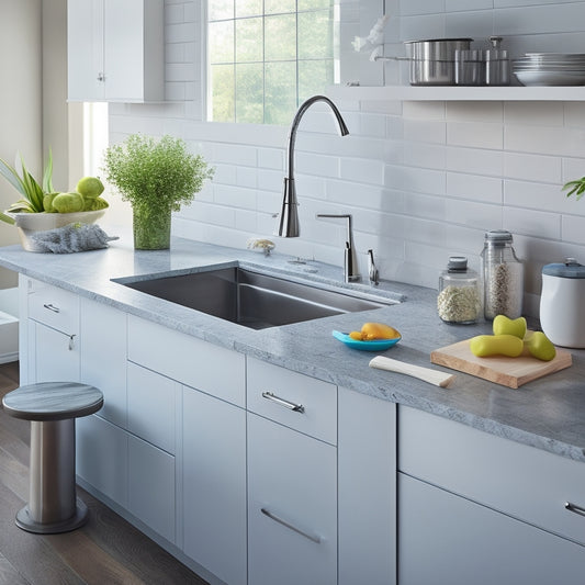 A bright, modern kitchen with sleek countertops and a stainless steel sink, featuring a sliding drawer under the sink filled with organized cleaning supplies and a small trash can.