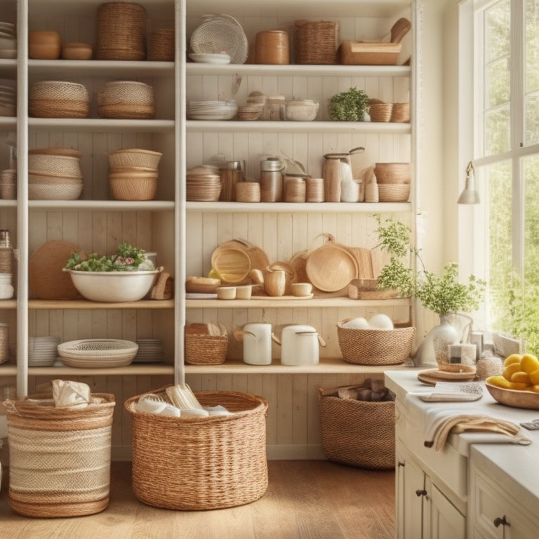 A stylish kitchen with cream-colored open shelves, adorned with woven baskets in varying sizes, filled with cookbooks, utensils, and ingredients, against a warm, light-wood backdrop.