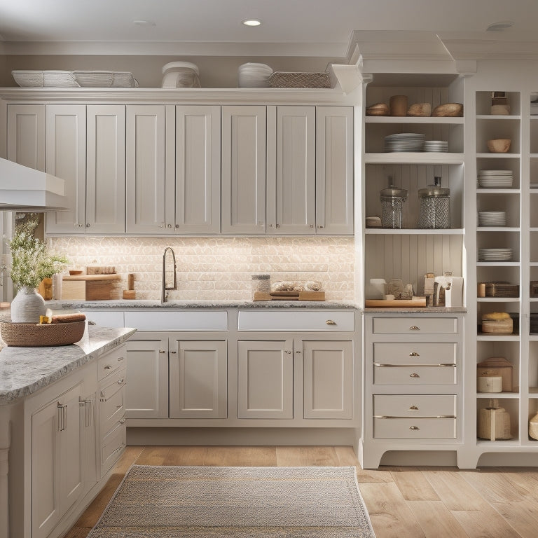 An organized kitchen with refinished cabinets featuring soft-close drawers, pull-out spice racks, and adjustable shelving, surrounded by warm lighting and a neutral color scheme.