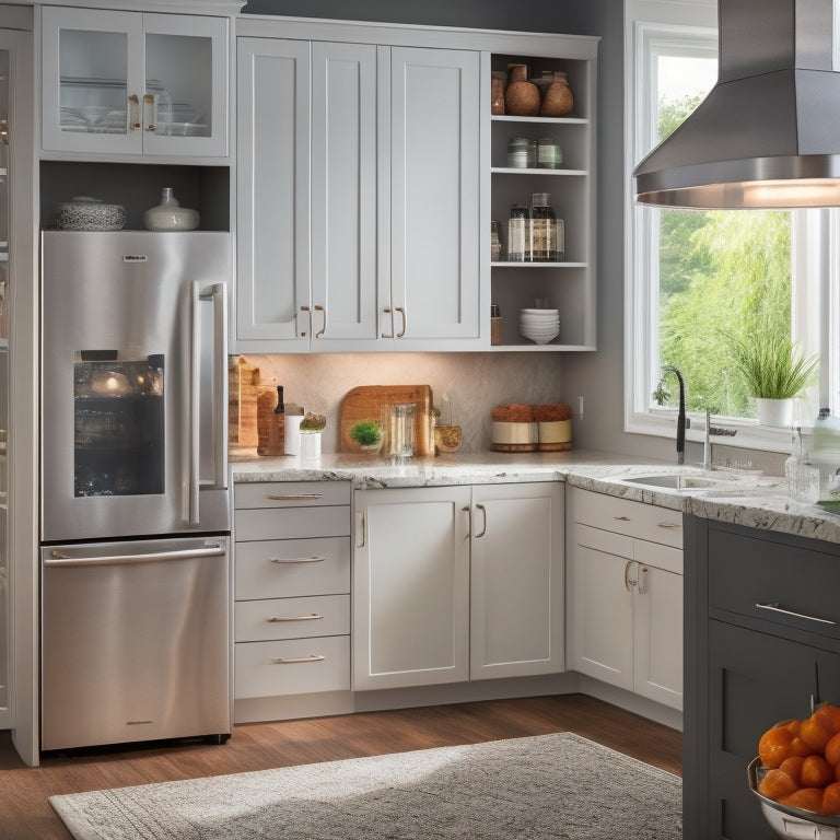 A tidy, modern kitchen corner with a cabinet featuring a pull-out carousel, a lazy Susan, and a built-in spice rack, surrounded by sleek countertops and gleaming appliances.