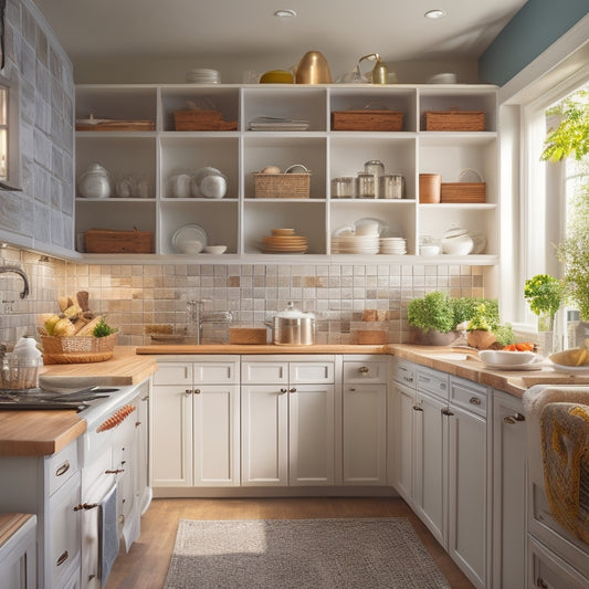 A tidy kitchen with custom cabinets, featuring a pull-out pantry with stacked baskets, a utensil organizer with dividers, and a wall-mounted pot rack, illuminated by warm, natural light.