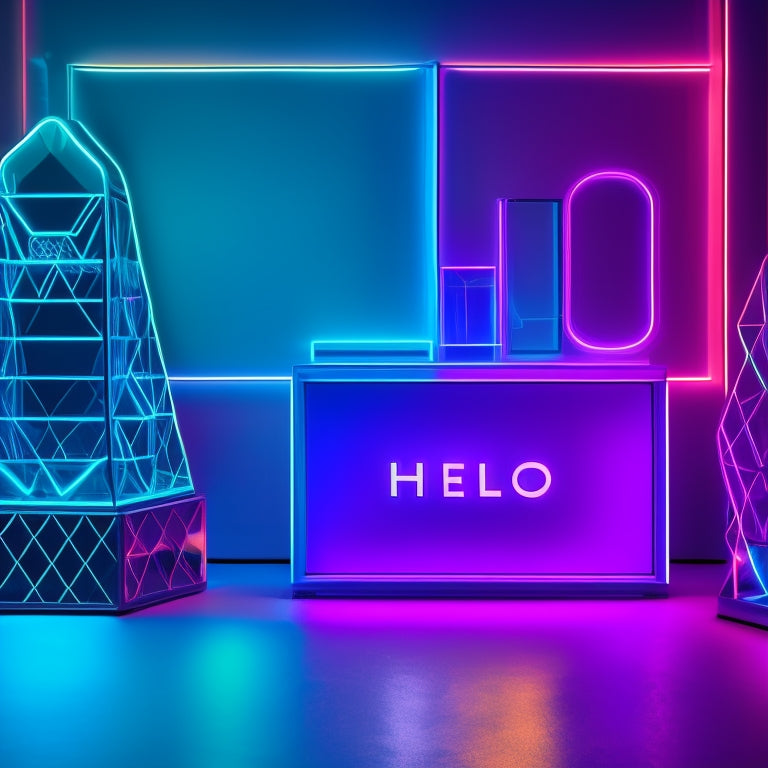 A dark background with a variety of LED signs in different shapes and colors, including a cursive "hello" in pink and blue, a geometric pattern in purple and green, and a minimalist arrow in white.