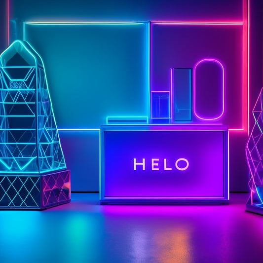 A dark background with a variety of LED signs in different shapes and colors, including a cursive "hello" in pink and blue, a geometric pattern in purple and green, and a minimalist arrow in white.