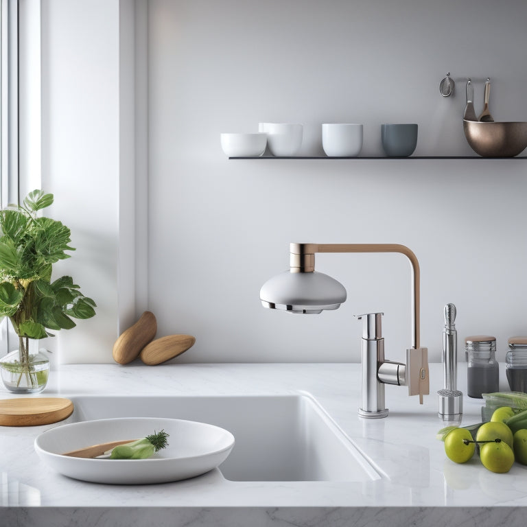 A minimalist kitchen counter featuring a sleek BLANCO faucet, a SILGRANIT sink, and a complementary collection of kitchen utensils and decorative accents in a harmonious, modern color palette.