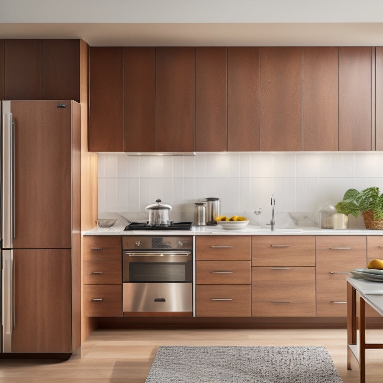 A sleek, modern kitchen with polished marble countertops, gleaming chrome appliances, and a custom-built organizer system featuring minimalist wooden shelves and drawers in a warm, honey-brown finish.