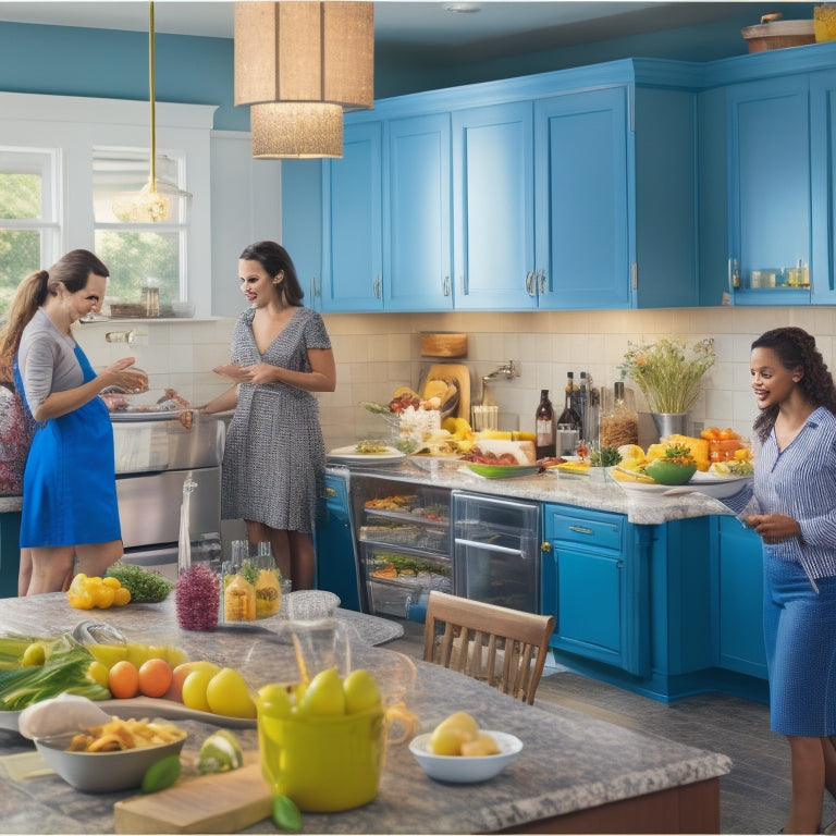 A bustling kitchen with a central island, shiny appliances, and a calendar-covered fridge, featuring a happy family of four gathered around a meal prep station, surrounded by colorful utensils and ingredients.