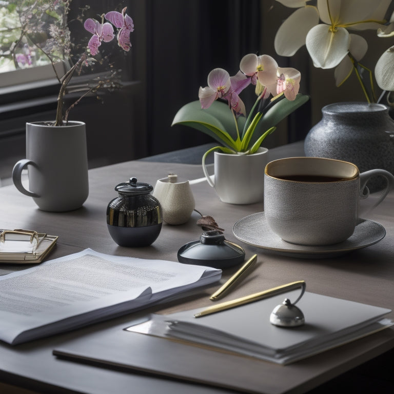 A cluttered desk with scattered papers, pens, and a toppled coffee cup, transformed into a serene workspace with a sleek laptop, organized trays, and a single, elegant orchid.