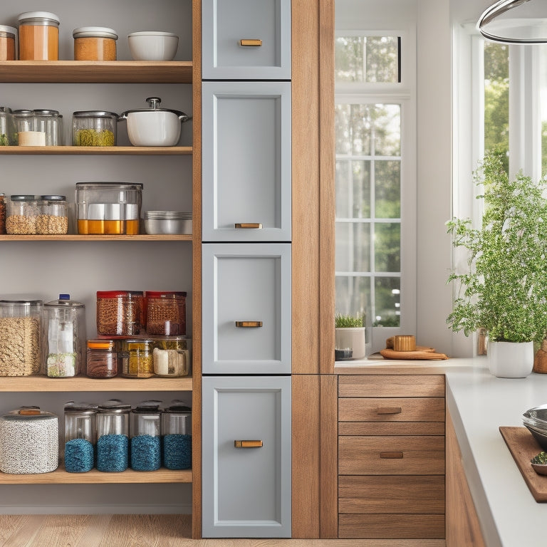 A bright, modern kitchen with open cabinet doors revealing a tidy, well-organized interior featuring a wooden spice rack with neatly arranged jars and a sleek, chrome handle.