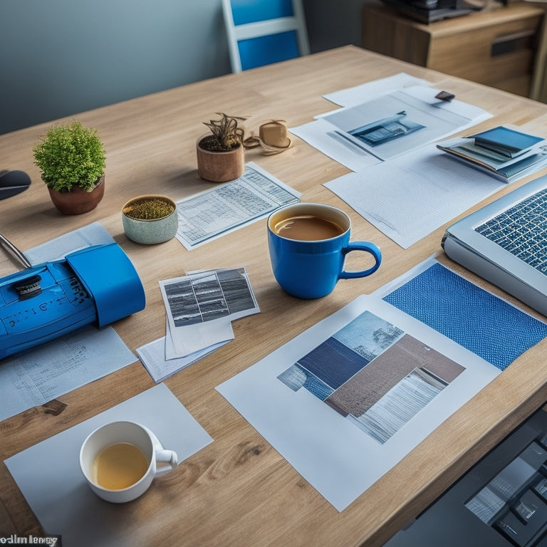 A clutter-free, modern desk with a laptop, a cup of coffee, and a partially filled-out project budget worksheet, surrounded by blueprints, paint swatches, and a miniature DIY renovation model.