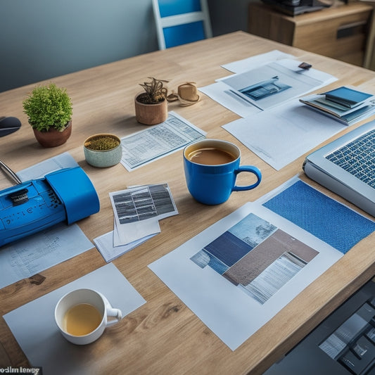 A clutter-free, modern desk with a laptop, a cup of coffee, and a partially filled-out project budget worksheet, surrounded by blueprints, paint swatches, and a miniature DIY renovation model.