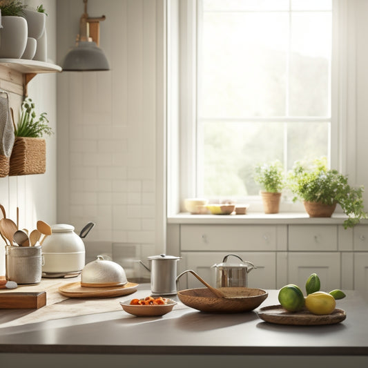 A bright, airy kitchen with a few, carefully selected utensils arranged neatly on a wooden countertop, surrounded by empty space, with a subtle warm light casting a gentle glow.