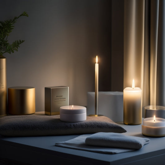 A serene, dimly lit room with plush velvet pillows, a minimalist wooden desk, and a few carefully placed, elegant skincare products in sleek, modern packaging.