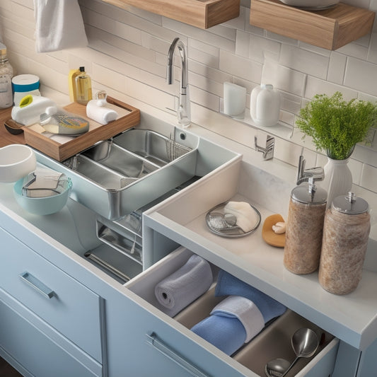 A tidy, modern sink area with a stainless steel basin, surrounded by sleek, white cabinets and drawers, featuring a DIY organizer kit with separate compartments for soap, sponges, and utensils.
