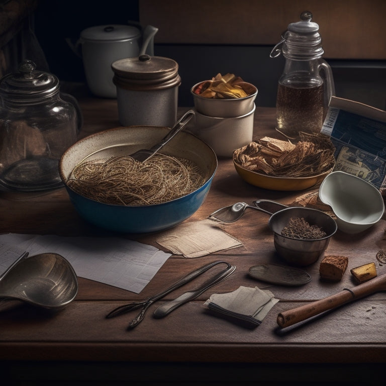 A chaotic kitchen drawer overflowing with jumbled utensils, tangled cords, and crumpled papers, with a few worn-out recipe cards and a lone, dusty spoon lying on top, surrounded by dark shadows.