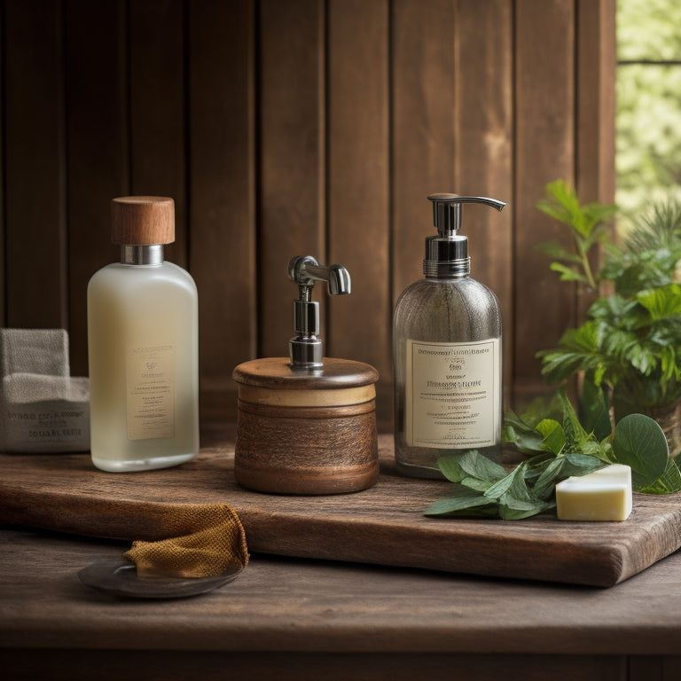 A rustic wooden table holds a vintage-inspired metal soap dispenser, surrounded by lush greenery, a few artisanal soap bars in various shapes and sizes, and a soft, white linen cloth with subtle wrinkles.