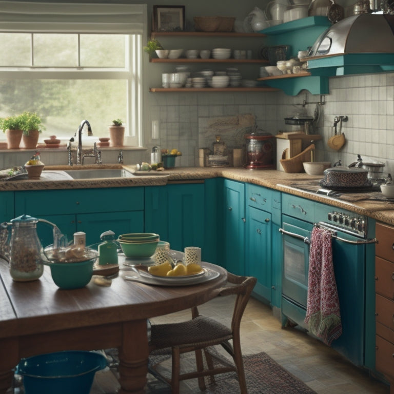 A cluttered kitchen scene with overflowing countertops, piles of dirty dishes, and a messy island, contrasted with a clean and organized kitchen in the background, with a calm and serene atmosphere.