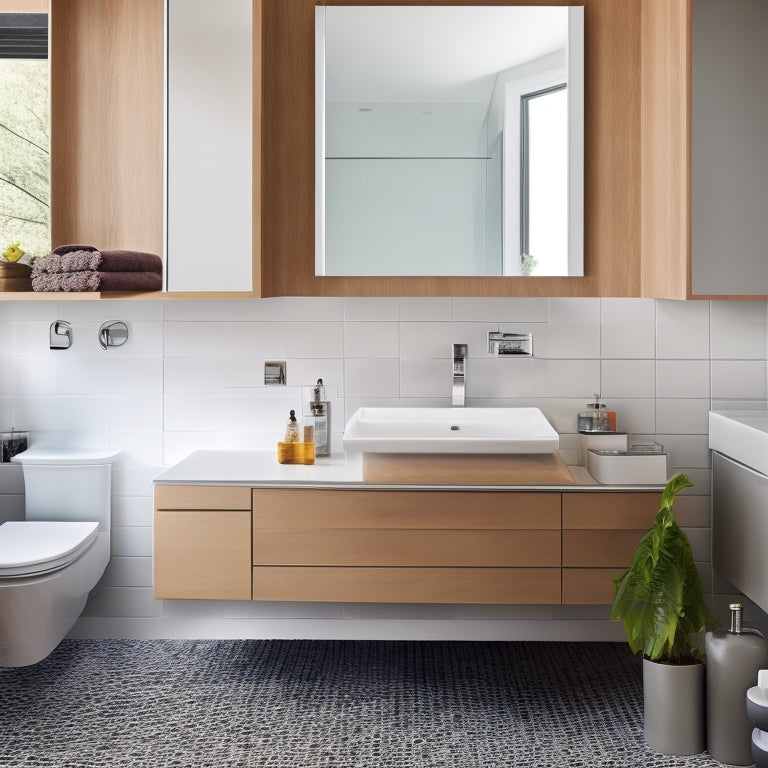 A sleek, modern bathroom with a wall-mounted sink, featuring a sliding drawer underneath with a soft-close mechanism, holding a neatly organized array of toiletries and towels.