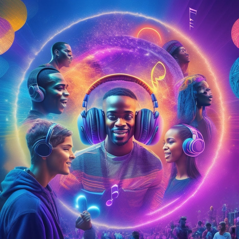 A vibrant illustration of a buzzing audio community: a sound wave forms a circle, surrounded by diverse avatars, headphones, and speech bubbles, all connected by glowing threads and musical notes.