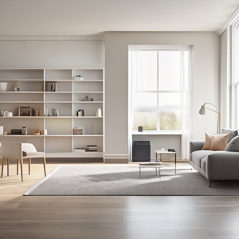 A serene, minimalist living room with a sleek, wall-mounted foldable desk, a compact sectional sofa, and a towering floor-to-ceiling shelving unit with neatly organized storage bins.