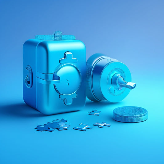 A minimalist illustration featuring a combination lock with a glowing keyhole, surrounded by puzzle pieces falling into place, set against a soft, gradient blue background.