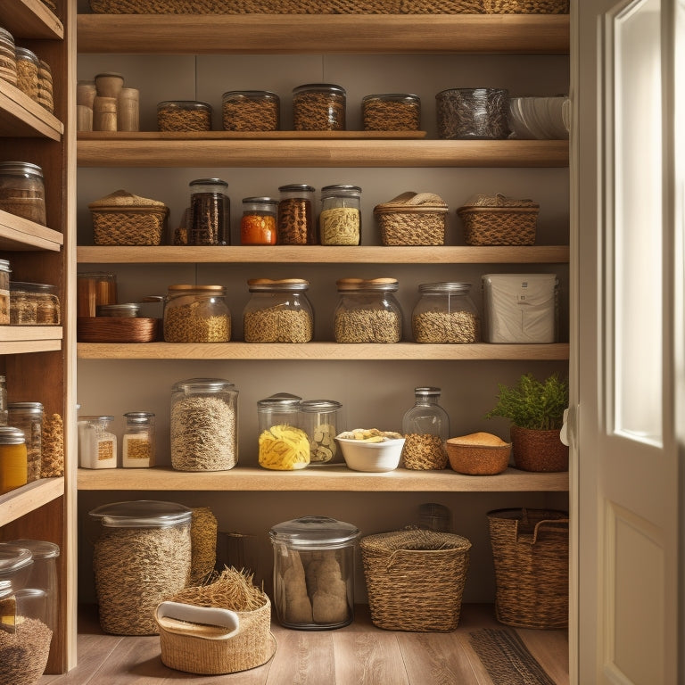 A tidy kitchen pantry with adjustable shelves, wicker baskets, and glass jars filled with labeled spices, canned goods, and baking supplies, illuminated by soft, warm lighting.