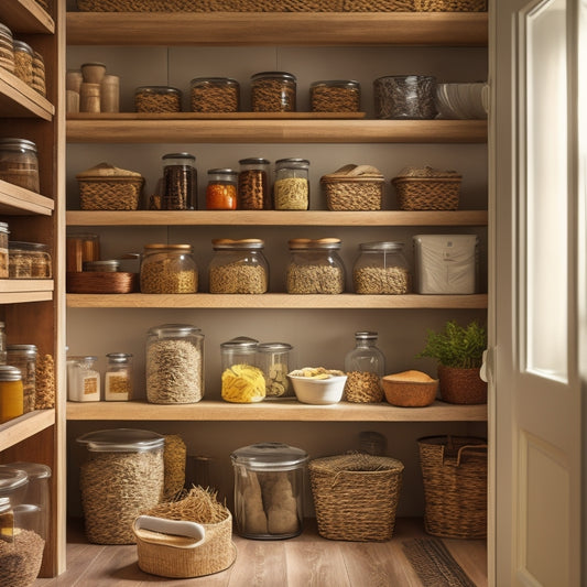 A tidy kitchen pantry with adjustable shelves, wicker baskets, and glass jars filled with labeled spices, canned goods, and baking supplies, illuminated by soft, warm lighting.