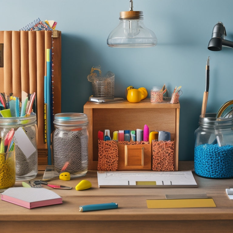 A cluttered desk transformed into a tidy workspace, with repurposed jars holding office supplies, a DIY pegboard, and a colorful binder clip organizer on a minimalist wooden background.