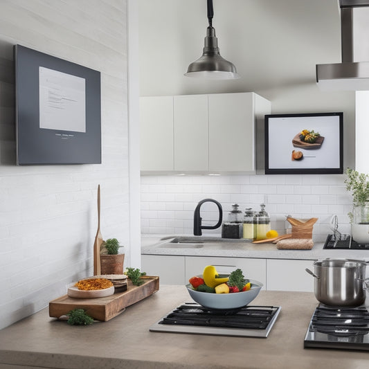 A modern kitchen with a sleek tablet mounted on the wall, displaying a cooking app with a recipe and timer, surrounded by organized utensils, ingredients, and a clean countertop, with a chef's hat hanging in the background.